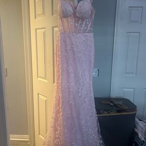 Elegant Pink Sheer prom Gown with Floral Embellishments